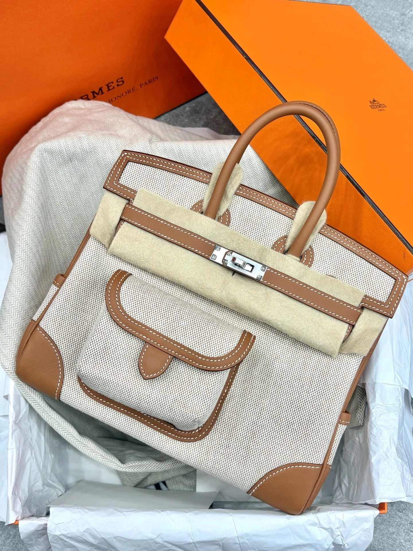 Birkin Cargo 25｜限量 金棕帆布拼皮 银扣 G刻 全新