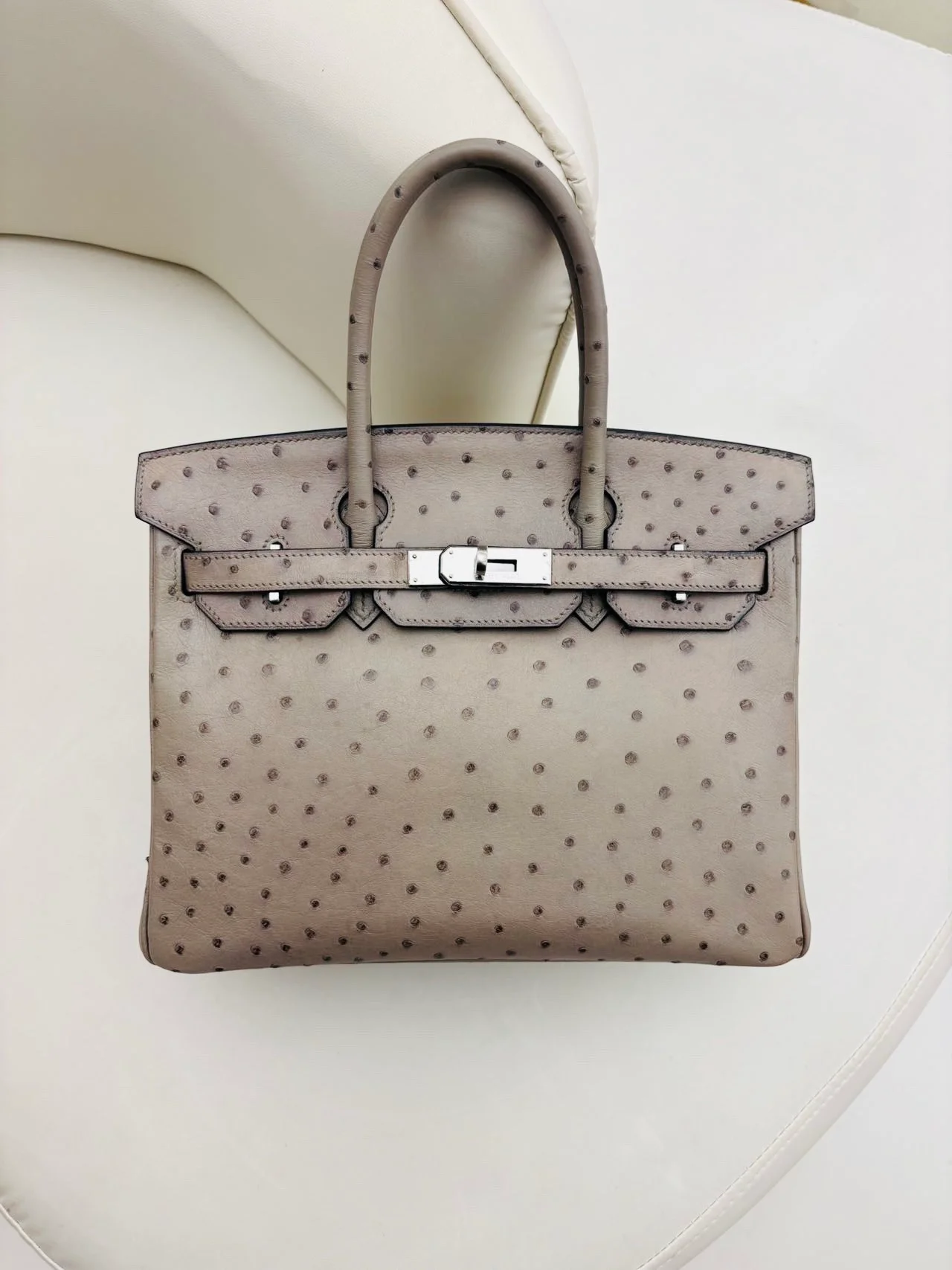 Birkin 30｜Mousse 慕斯灰，Ostrich 鸵鸟皮，银扣