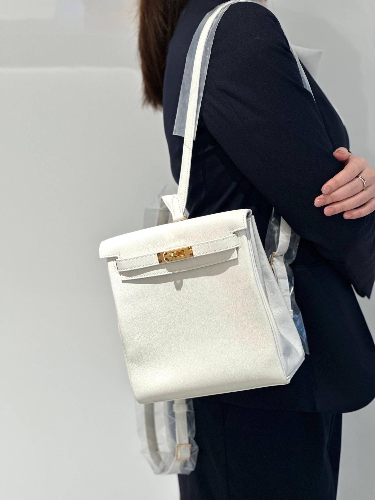 Unused ( Rank NS ) HERMÈS Kelly Ado GM White (01) Evercolor Gold