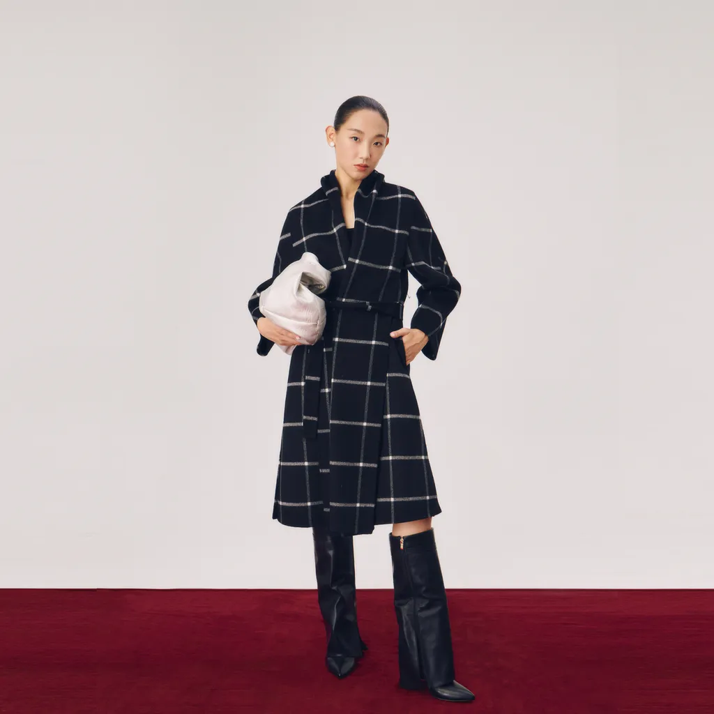 「elegance」relaxed, elegant wool plaid robe-style coat Size L Black and white checkered pattern