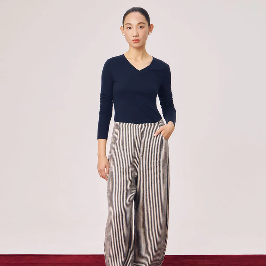 「Chill Time」Soft Cotton Cloud-Style Silk Long-Sleeve T-Shirt Size L Dark Blue