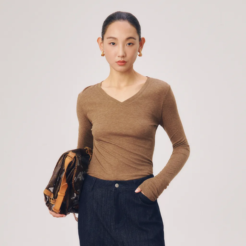 「Chill Time」Soft Cotton Cloud-Style Silk Long-Sleeve T-Shirt Size L Brown