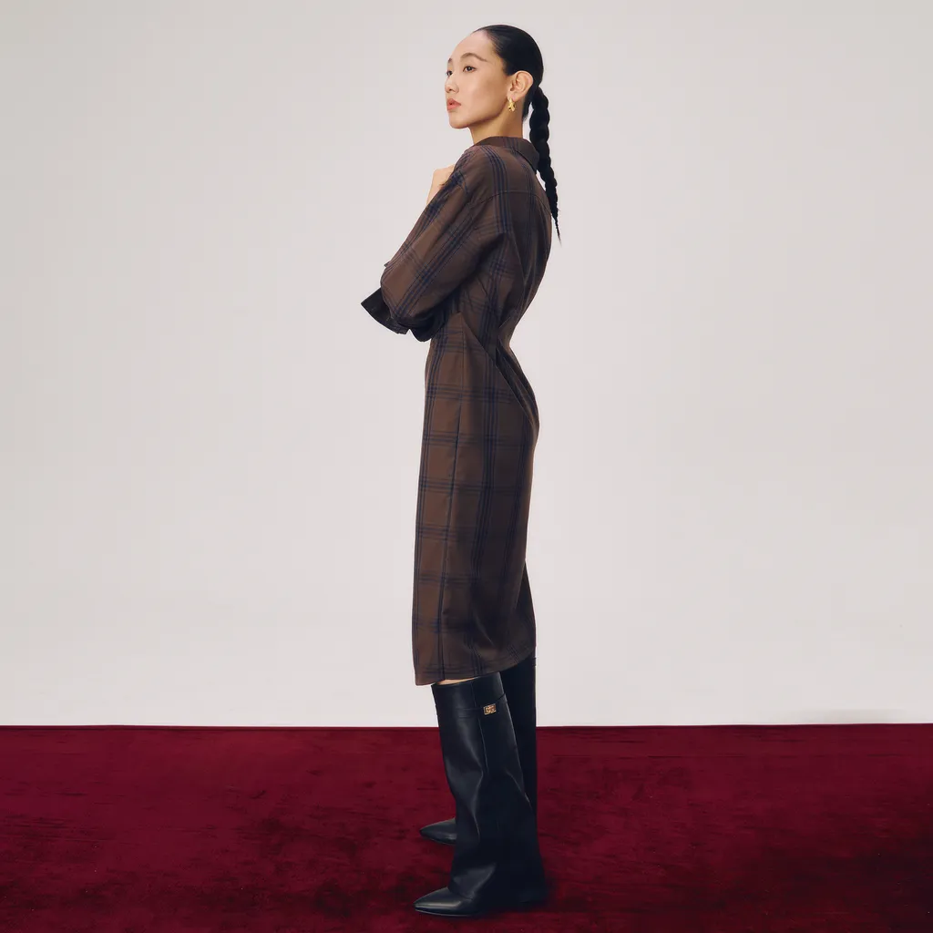 「Rouge Architecte」 Italian Fine Wool Wrap Shirt Dress Size L Plaid