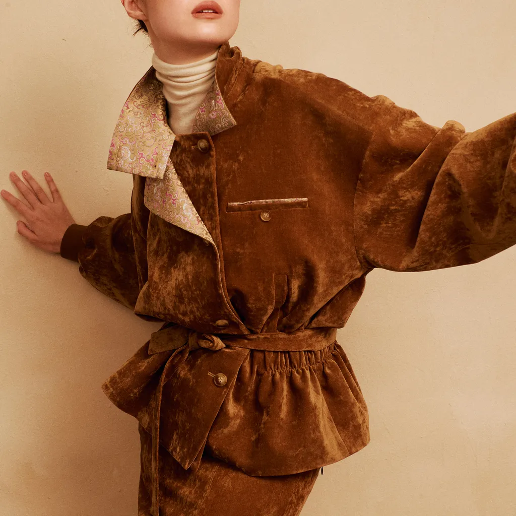 BIFU Brownish-yellow brocade velvet coat Brownish yellow