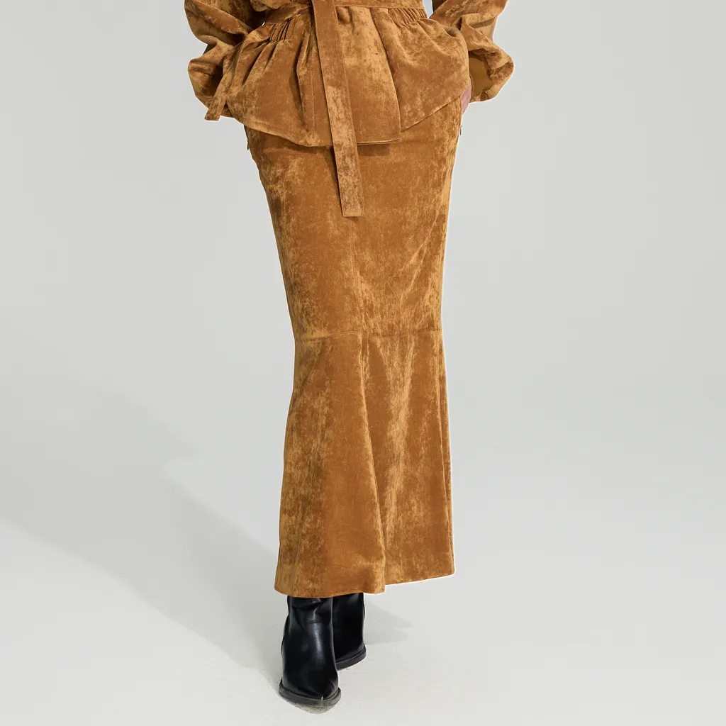 BIFU Brownish-yellow velvet fishtail midi skirt Brownish yellow