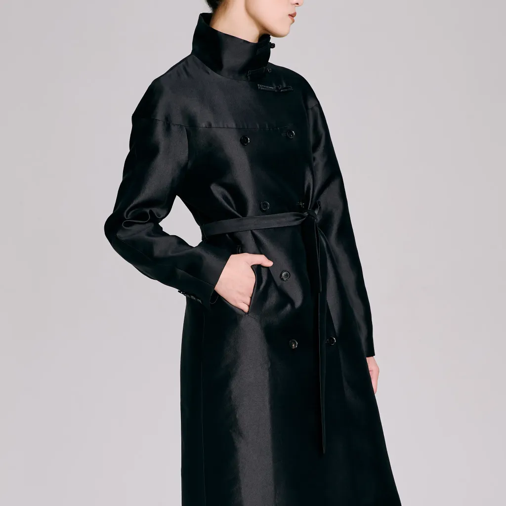 BIFU Black Chinese-style Long Trench Coat Black