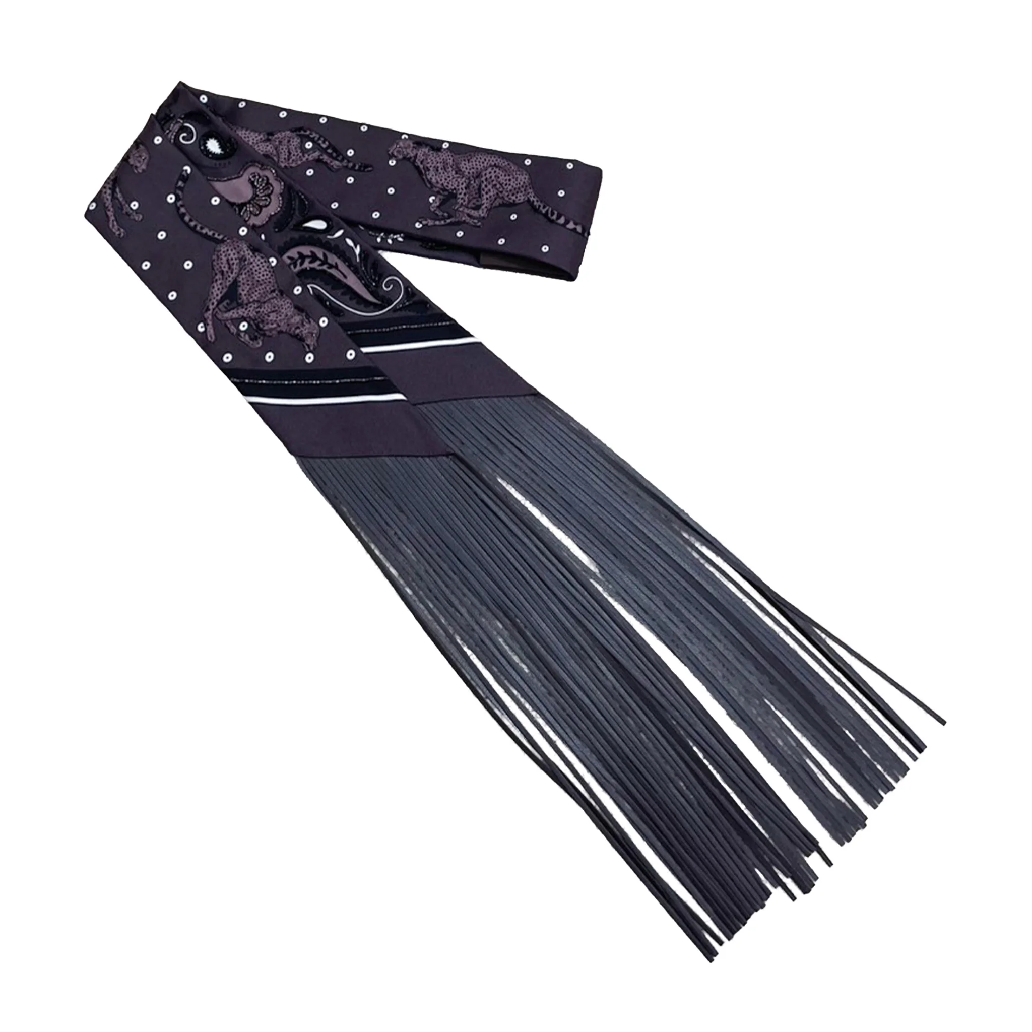 Brand New ( Rank N ) HERMÈS Twilly Guepard Bandana Franges Cuir