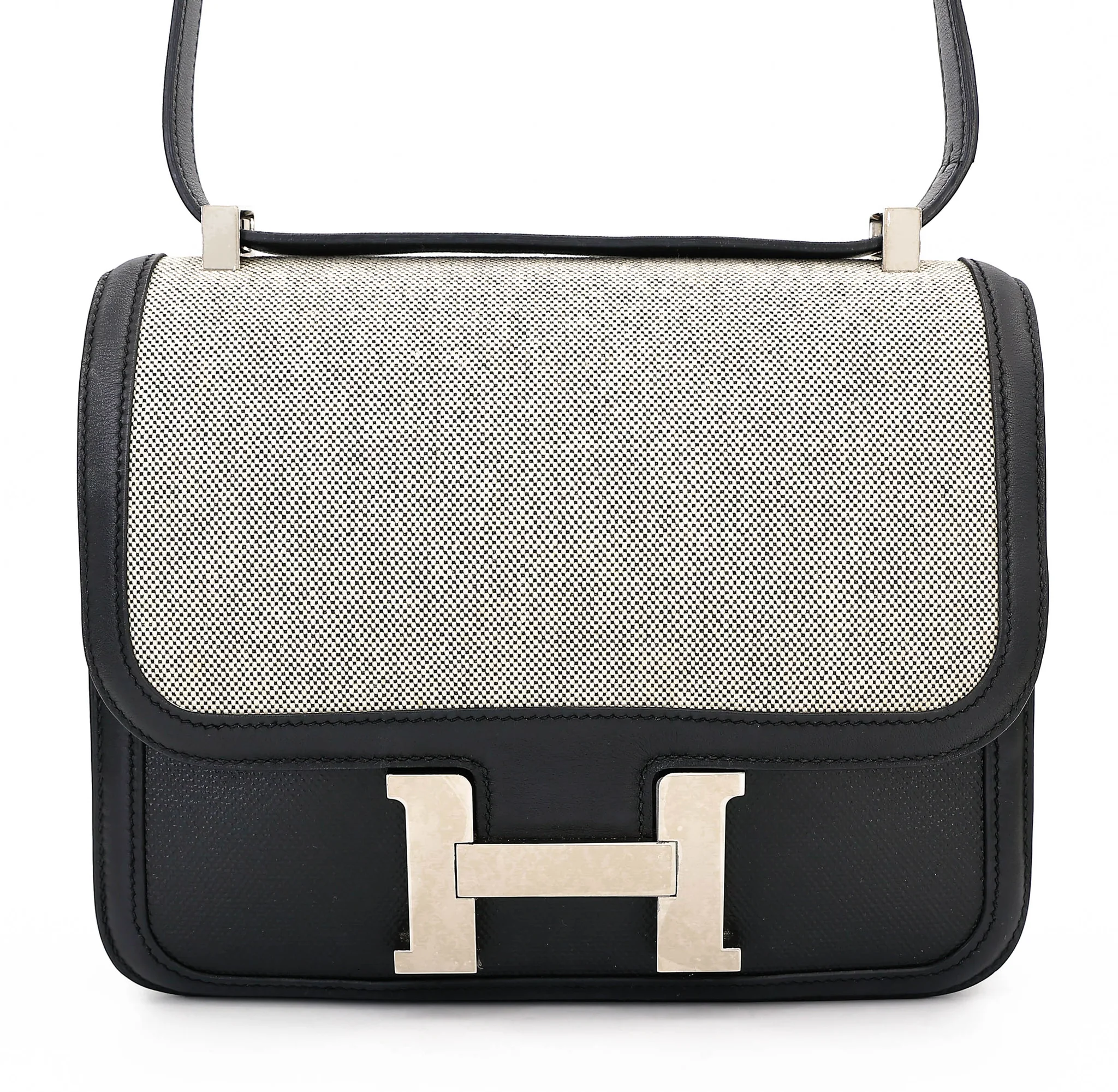 Very Good ( Rank A) HERMÈS Constance 24 Noir (89) Toile H canvas Swift Palladium hardware D (2019)