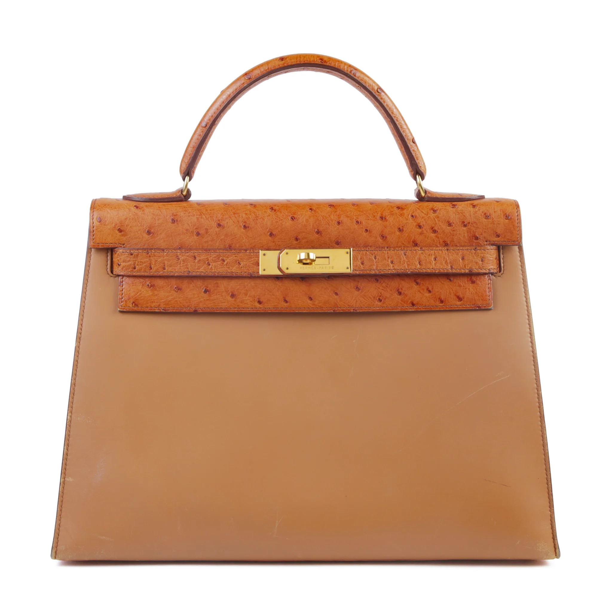 Good ( Rank AB) HERMÈS Kelly 32 Sellier Brown Ostrich Box-calf Gold hardware Circle V (1992)