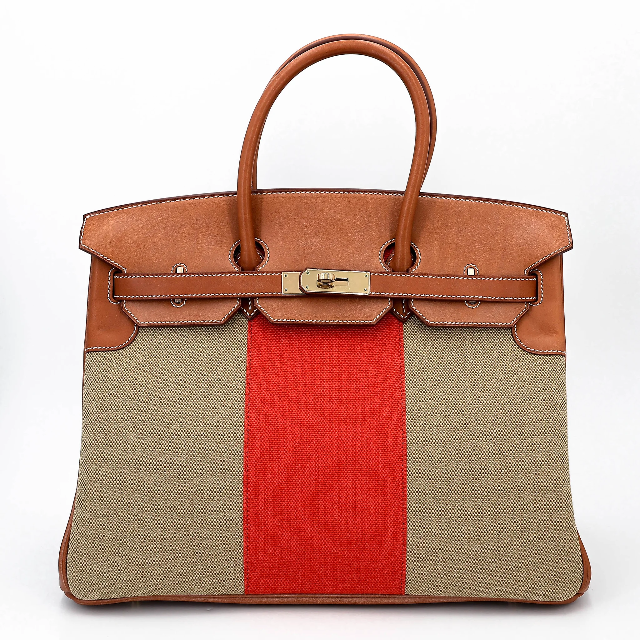 Excellent ( Rank SA ) HERMÈS Limited Edition Birkin 35 Flag Fauve (34) Barenia Toile H canvas Permabrass hardware Square R (2014)