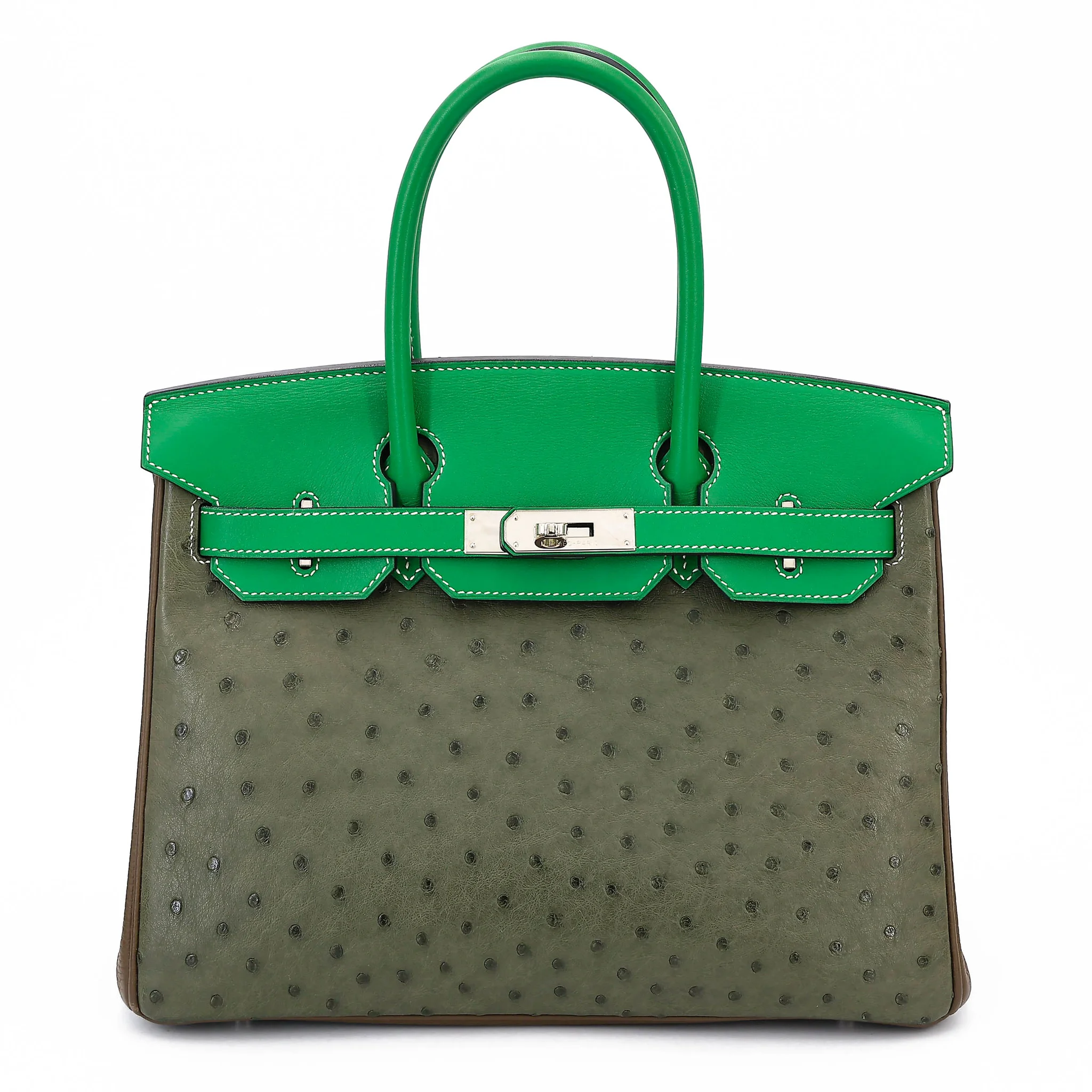 Very Good ( Rank A) HERMÈS Birkin 30 Vert Veronese (6H) Taupe (16) Bamboo (1K) Ostrich Clemence Swift Palladium hardware Square R (2014)
