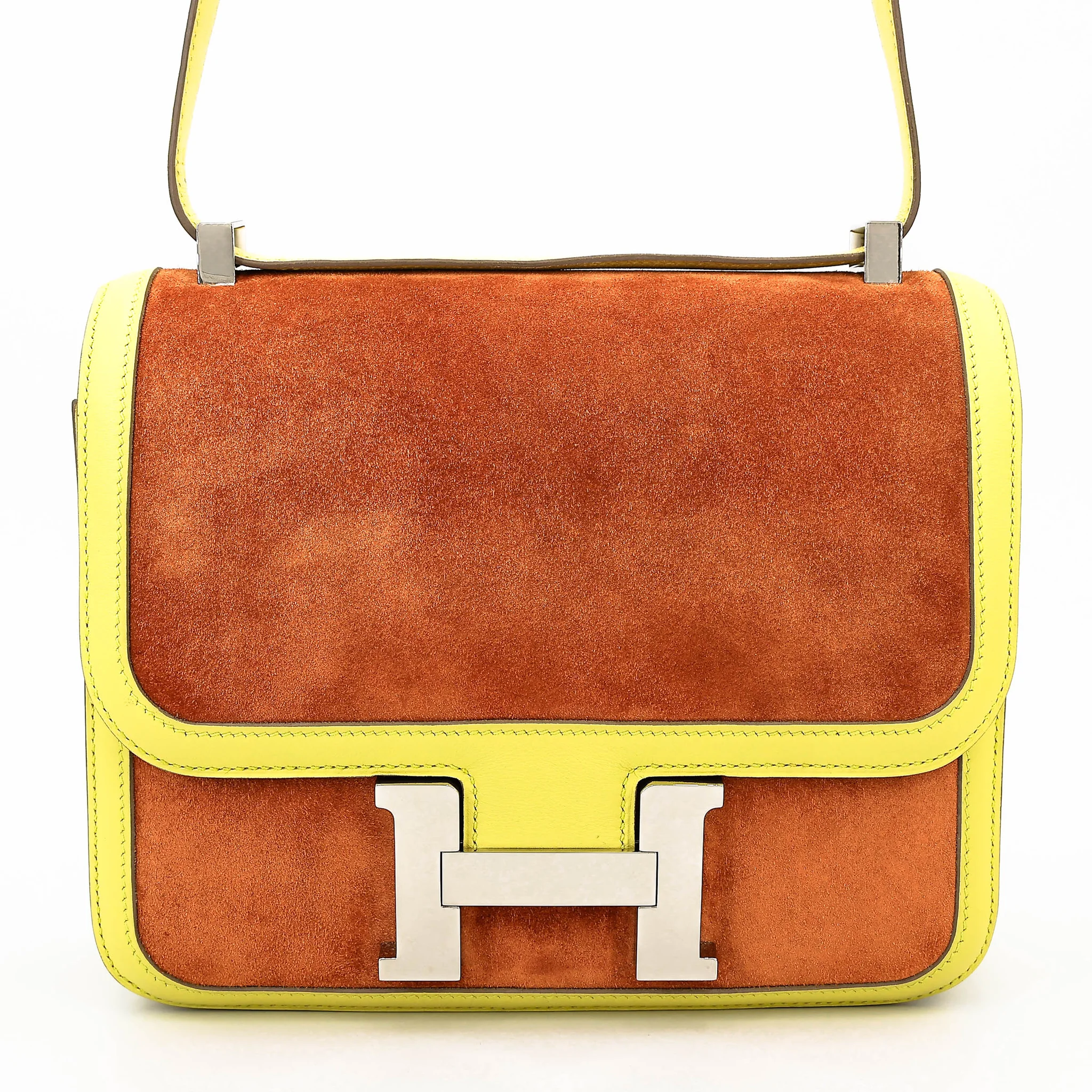 Excellent ( Rank SA ) HERMÈS Constance 24 Soufre (C9) Potiron (5F) Doblis Suede Swift Palladium hardware Square R (2014)