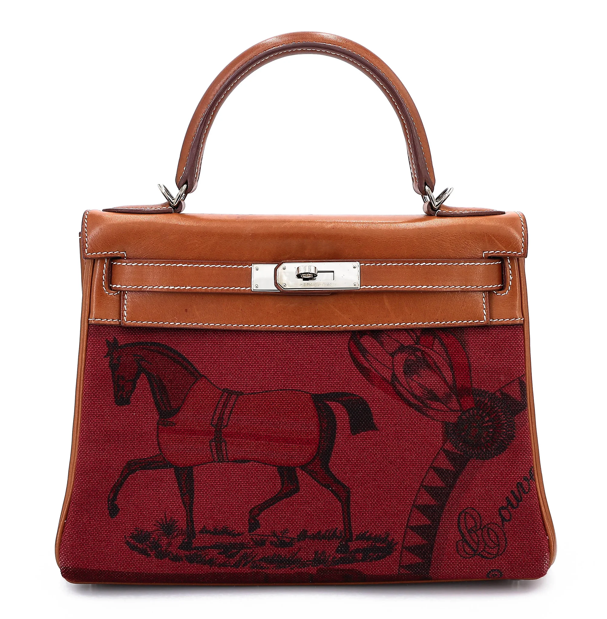 Good ( Rank AB) HERMÈS Limited Edition Kelly 28 Fauve (34) Barenia Toile Goeland canvas Palladium hardware Square O (2011)