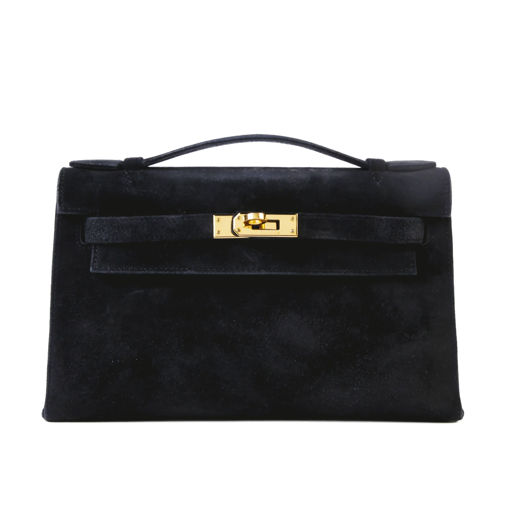 Good ( Rank AB) HERMÈS Kelly Pochette Noir (89) Doblis Suede Gold hardware Square H (2004)
