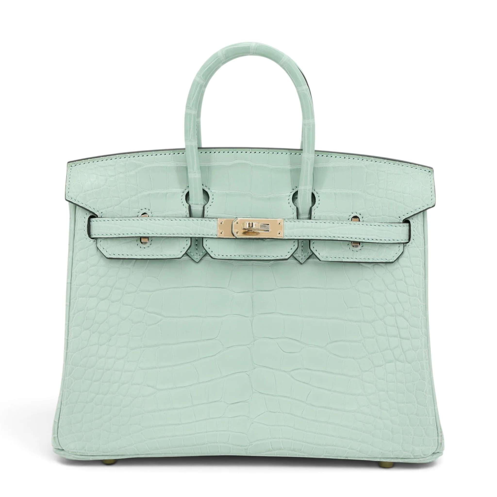 Excellent ( Rank SA ) HERMÈS Special Order Limited Edition Birkin 25 HSS Vert d’Eau (6U) Gris Perle (80) Matte Alligator Gold hardware B (2023)
