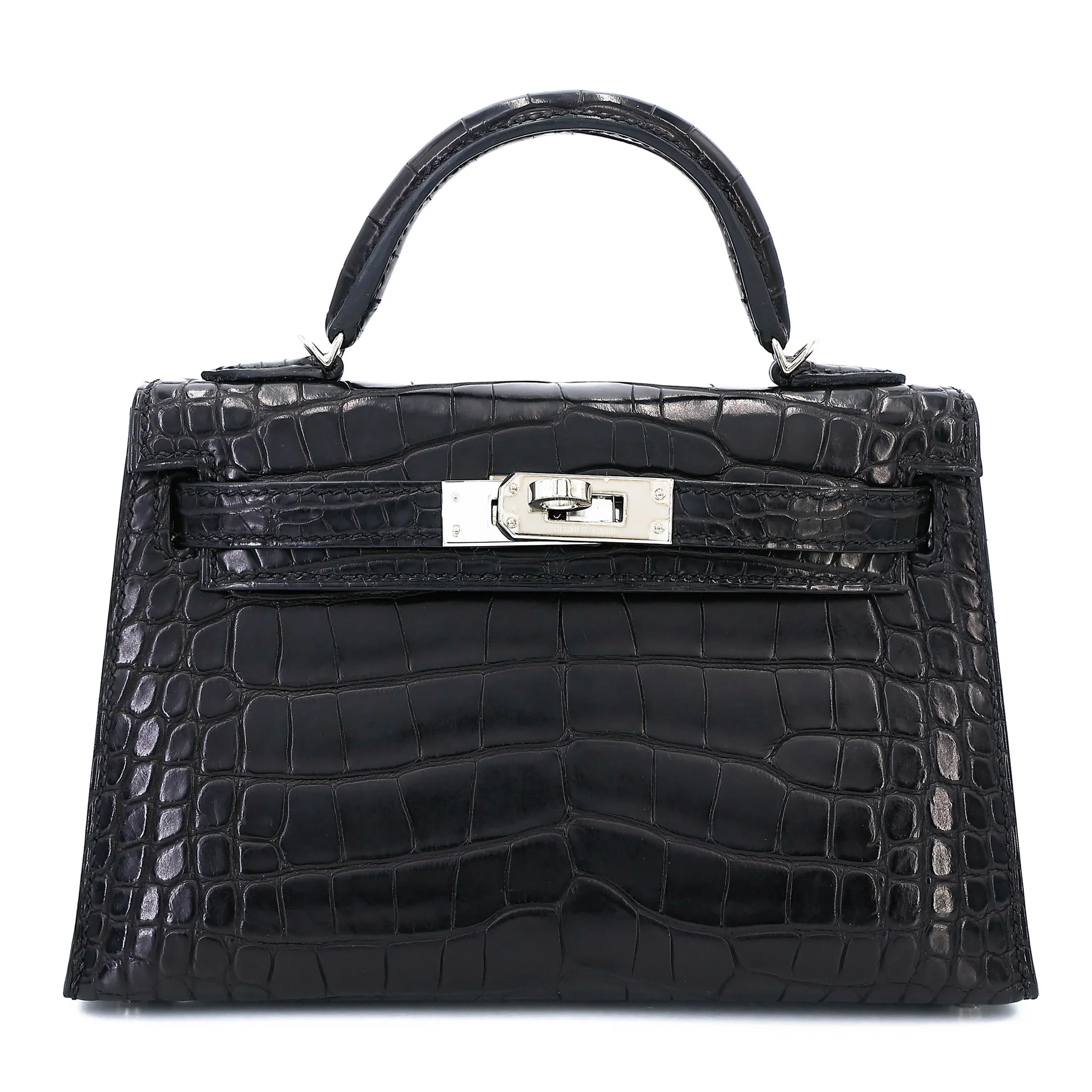 Very Good ( Rank A) HERMÈS Mini Kelly II Noir (89) Matte Alligator Palladium hardware C (2018)