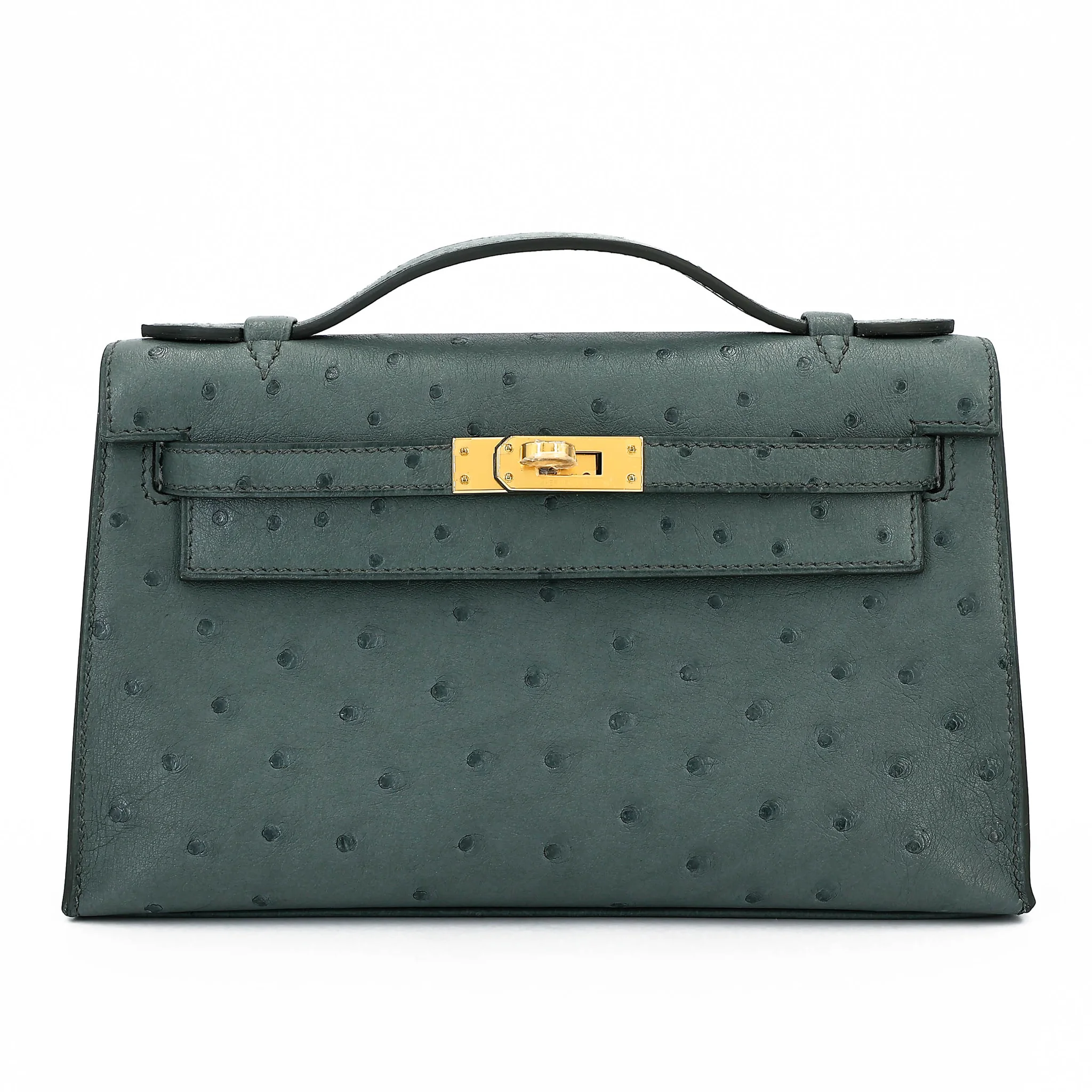Unused ( Rank NS ) HERMÈS Kelly Pochette Vert Amande (63) Ostrich Gold hardware B (2023)