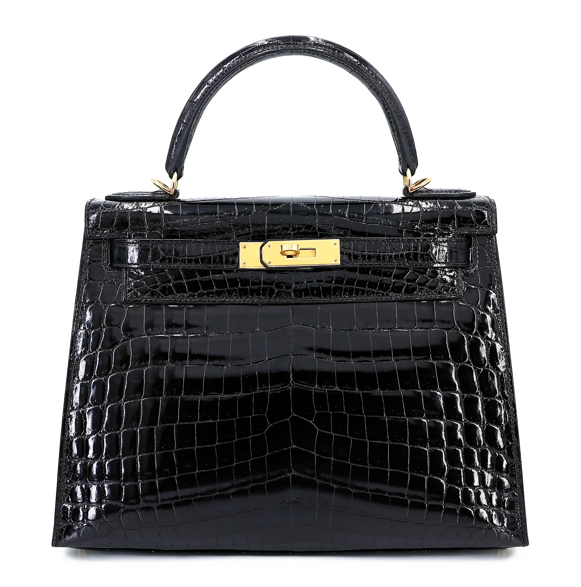 Very Good ( Rank A) HERMÈS Kelly 28 Sellier Noir (89) Shiny Niloticus Crocodile Gold hardware X (2016)