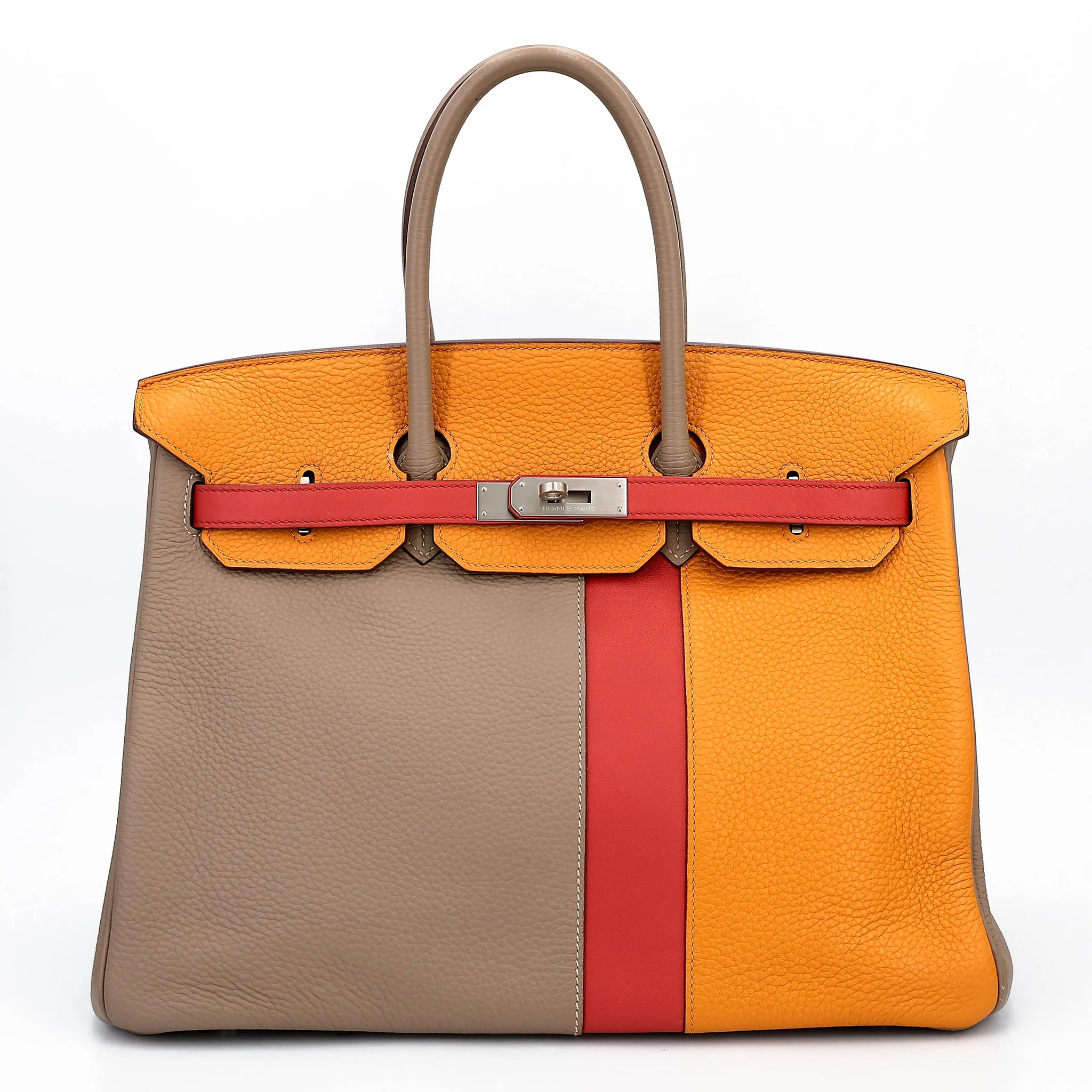 Very Good ( Rank A) HERMÈS Limited Edition Birkin 35 Casaque Gris Tourterelle (81) Sanguine (9M) Moutarde (9U) Clemence Swift Brushed Palladium Square Q (2013)