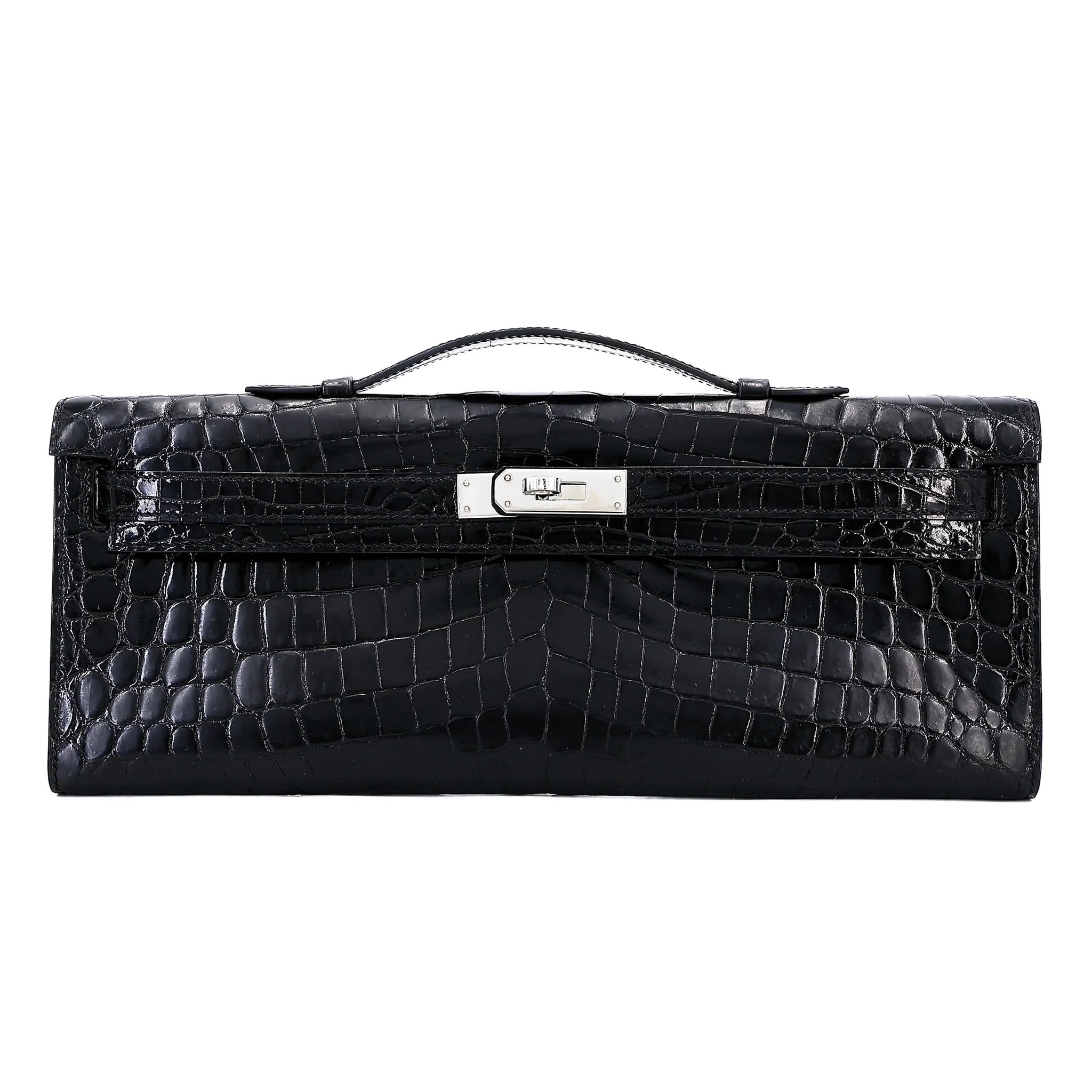 Very Good ( Rank A) HERMÈS Kelly Cut Noir (89) Shiny Niloticus Crocodile Palladium hardware Square P (2012)