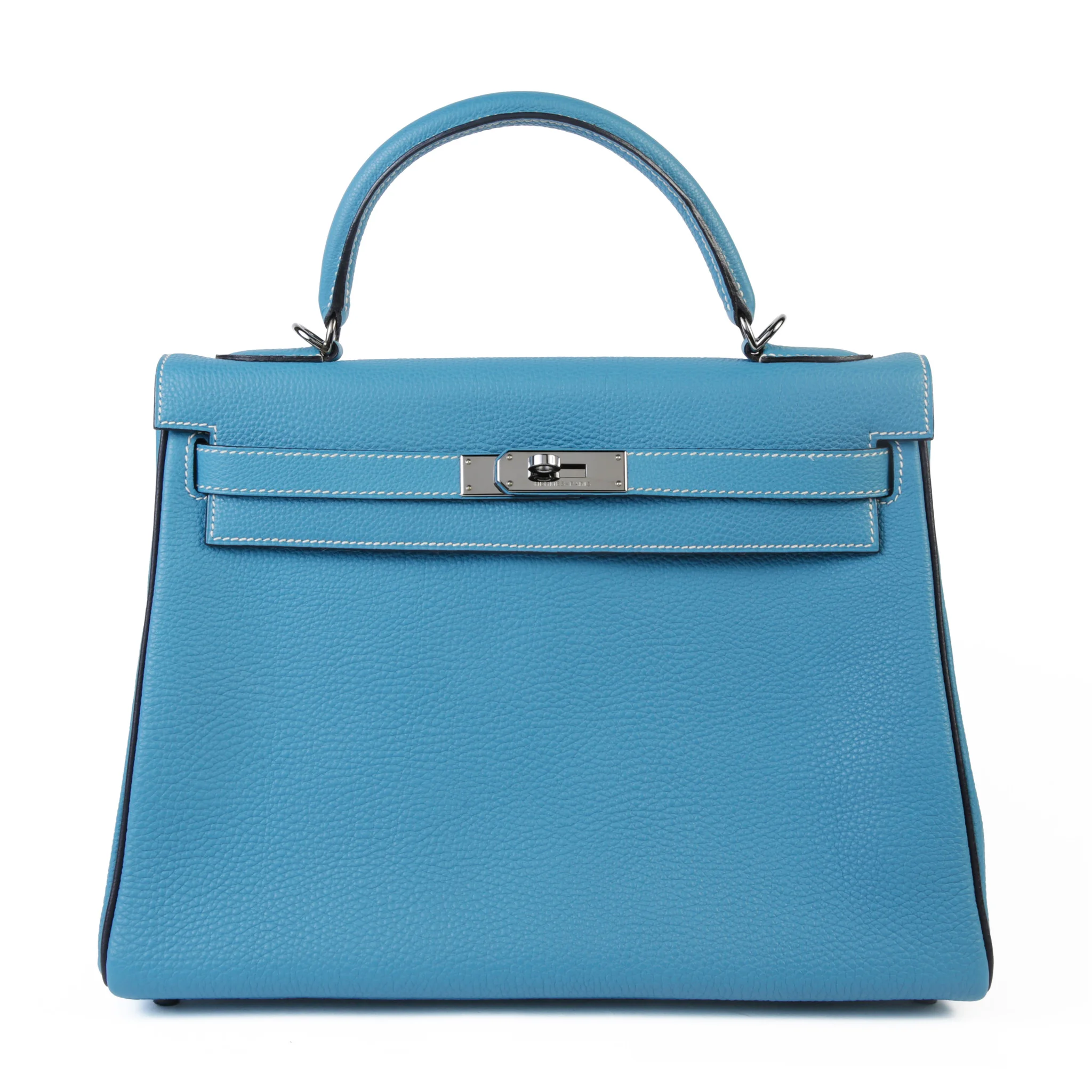 Excellent ( Rank SA ) HERMÈS Kelly 32 Verso Bleu Jean (75) Noir (89) Togo Ruthenium hardware Square J (2006)