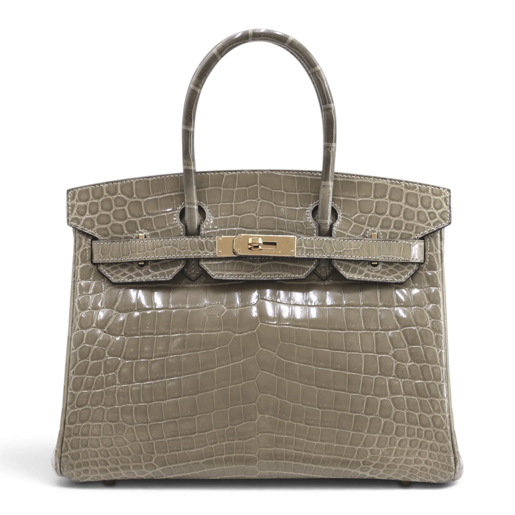 Very Good ( Rank A) HERMÈS Birkin 30 Gris Tourterelle (81) Shiny Niloticus Crocodile Gold hardware X (2016)