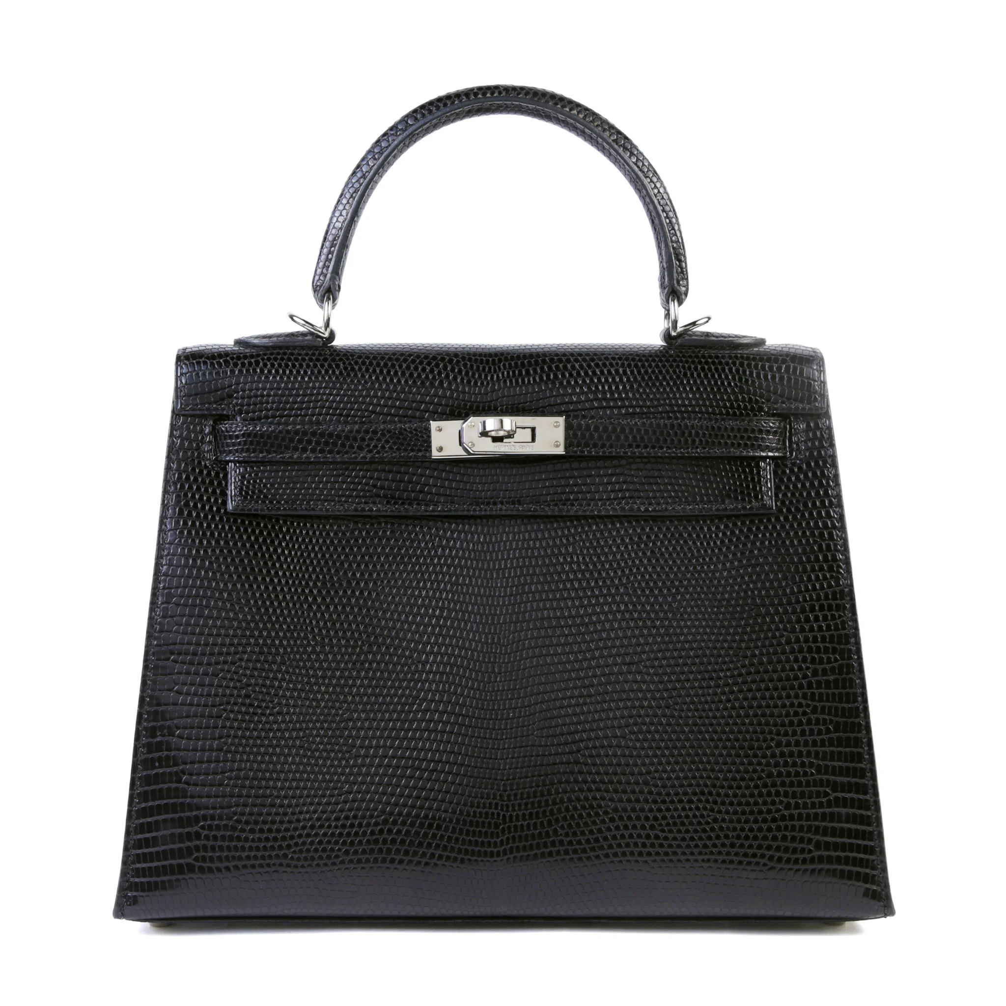 Very Good ( Rank A) HERMÈS Kelly 25 Sellier Noir (89) Lizard Palladium hardware Square F (2002)