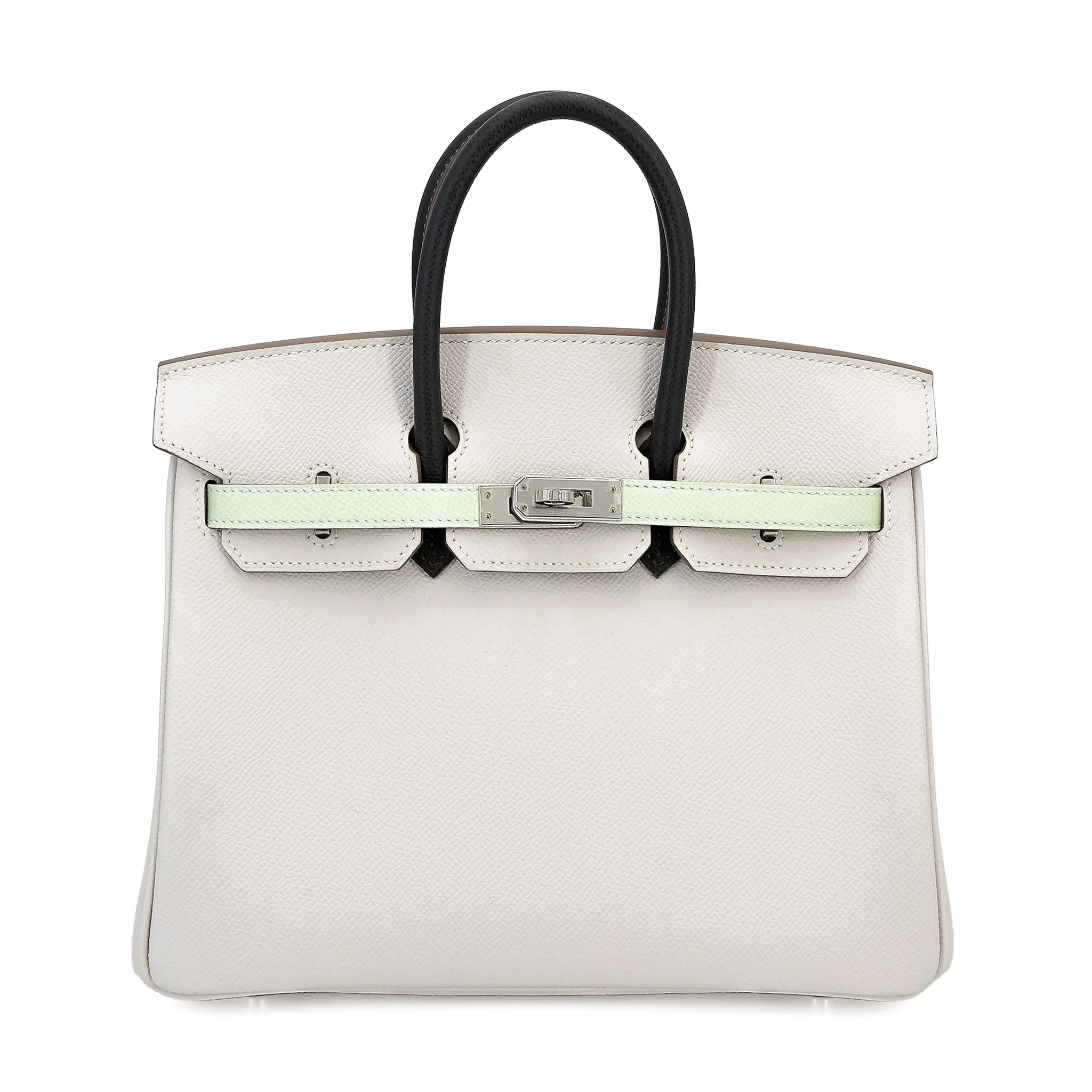 Unused ( Rank NS ) HERMÈS Birkin 25 Gris Pale (M4) Vert Fizz (0S) Graphite (88) Epsom Palladium hardware B (2023)
