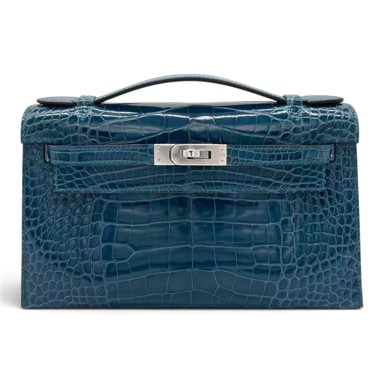 Unused ( Rank NS ) HERMÈS Kelly Pochette Vert Bosphore (W0) Shiny Alligator Palladium hardware Y (2020)