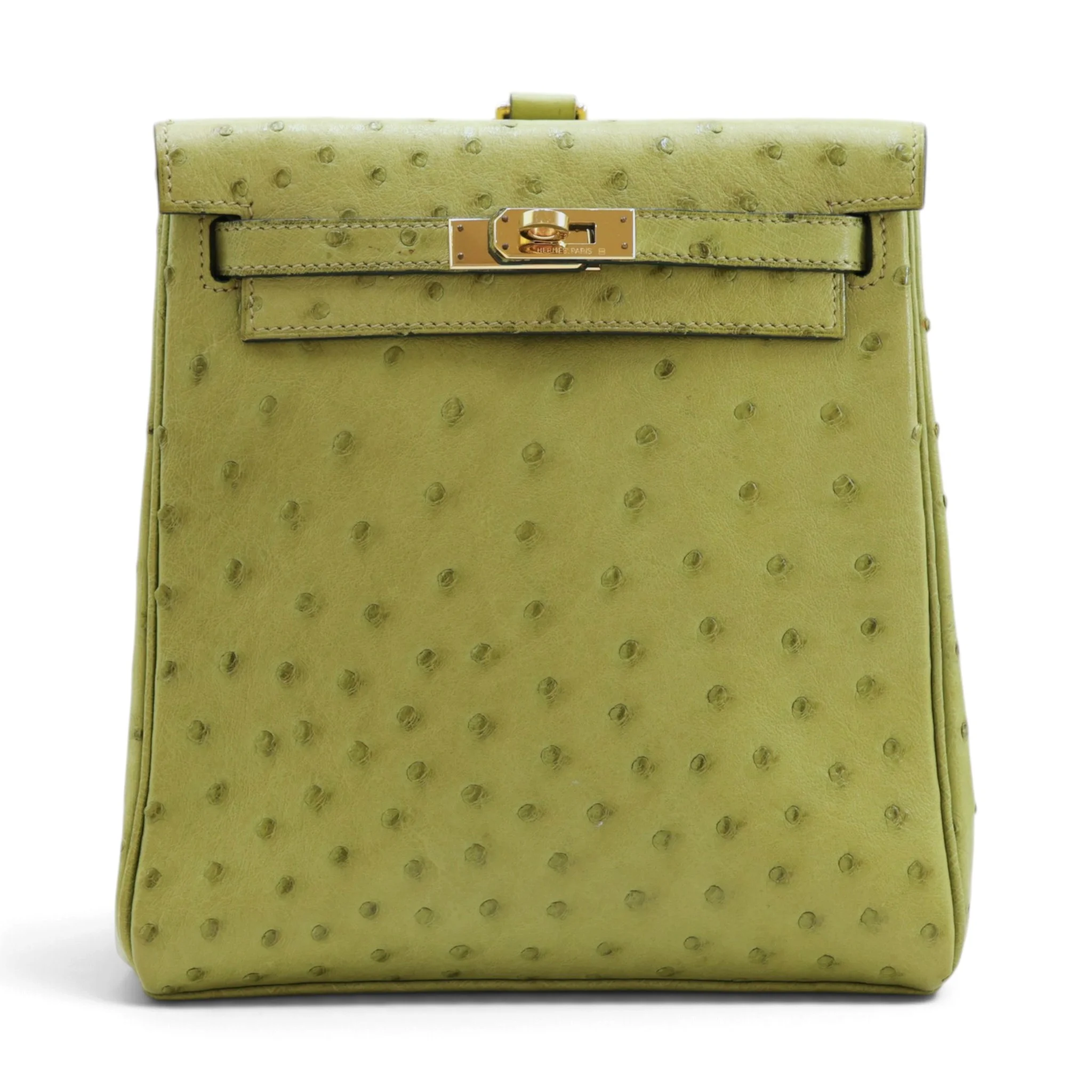 Very Good ( Rank A) HERMÈS Kelly Ado PM Vert Anis (66) Ostrich Gold hardware Square D (2000)