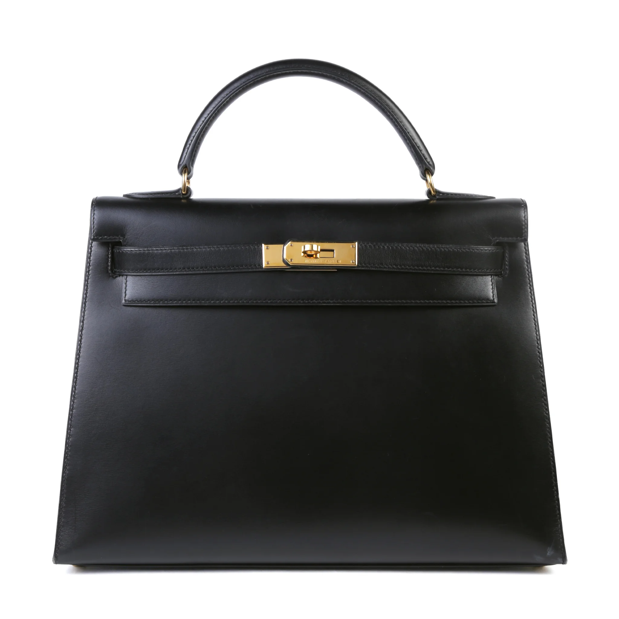 Very Good ( Rank A) HERMÈS Kelly 32 Sellier Noir (89) Box-calf Gold hardware Circle A (1971)