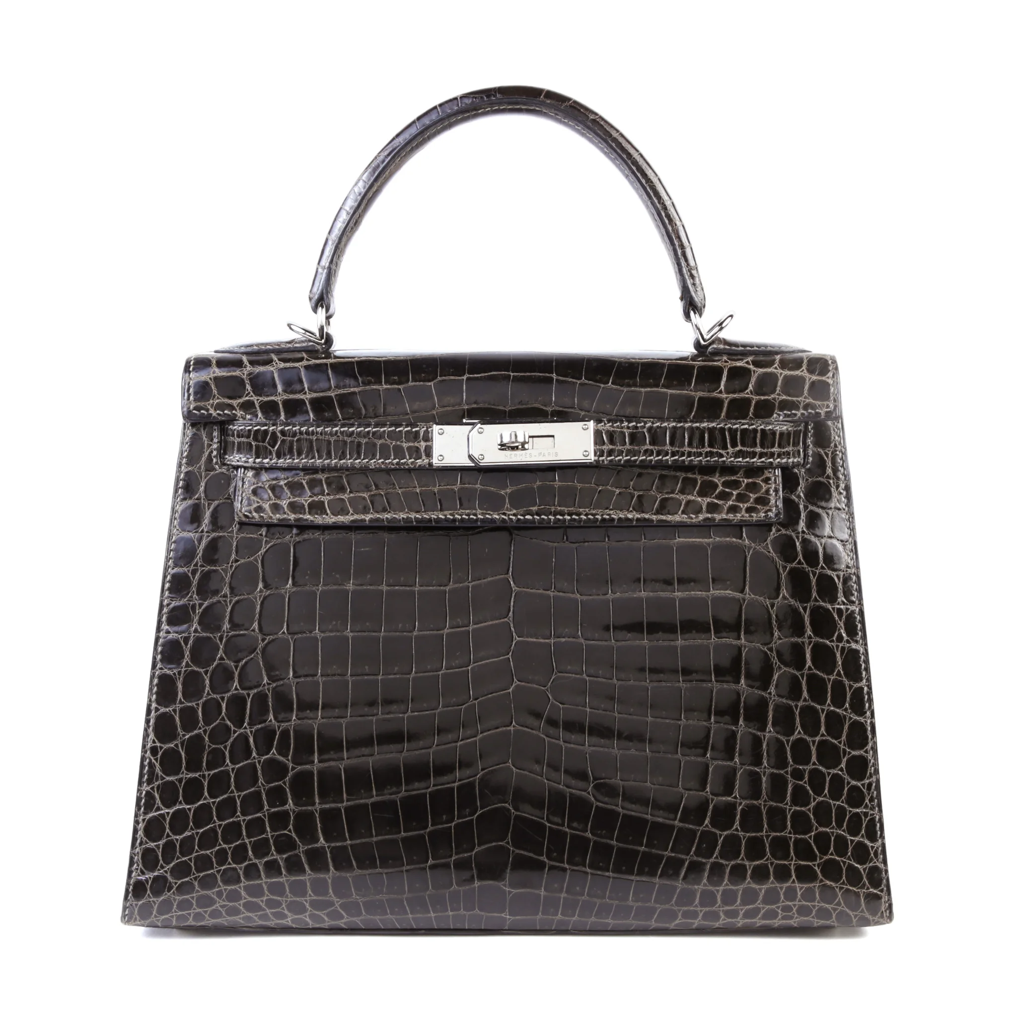 Good ( Rank AB) HERMÈS Kelly 28 Sellier Graphite (88) Shiny Niloticus Crocodile Palladium hardware Square H (2004)