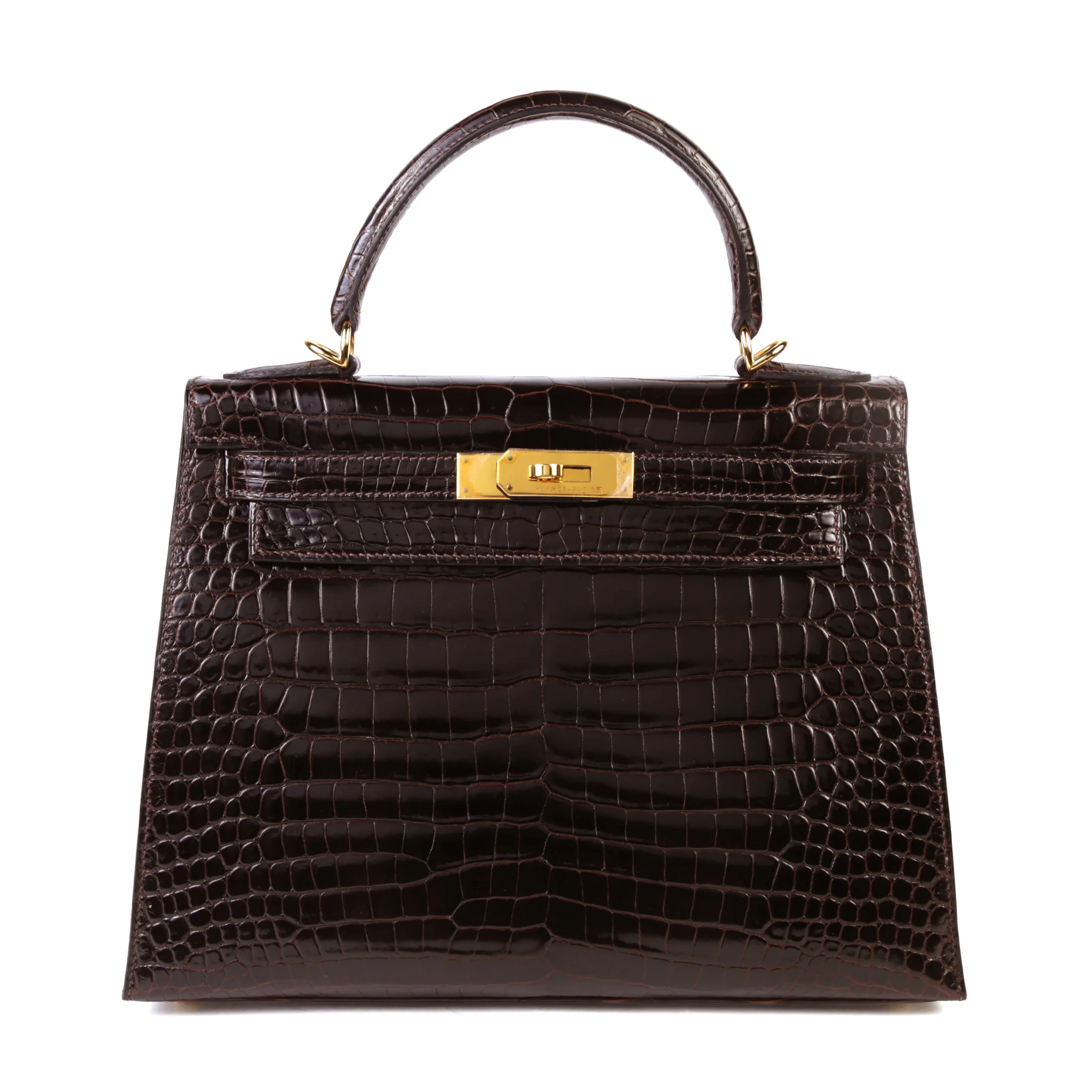 Very Good ( Rank A) HERMÈS Kelly 28 Sellier Havane (41) Shiny Porosus Crocodile Gold hardware Square F (2002)
