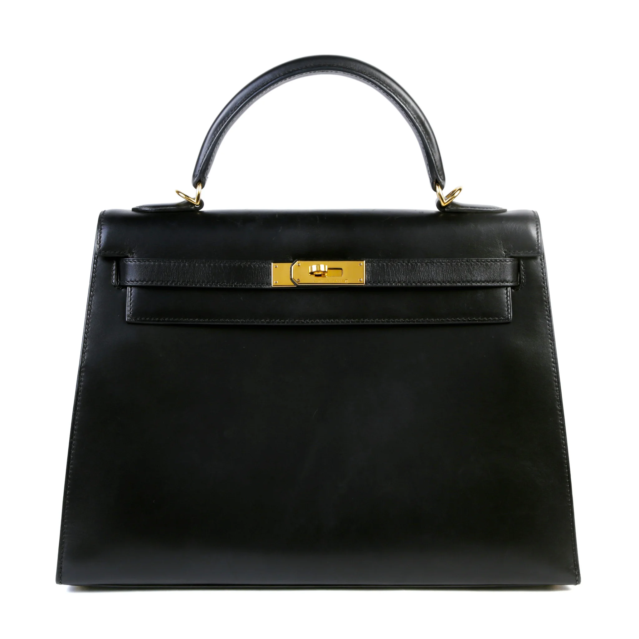 Good ( Rank AB) HERMÈS Kelly 32 Sellier Noir (89) Box-calf Gold hardware Square F (2002)